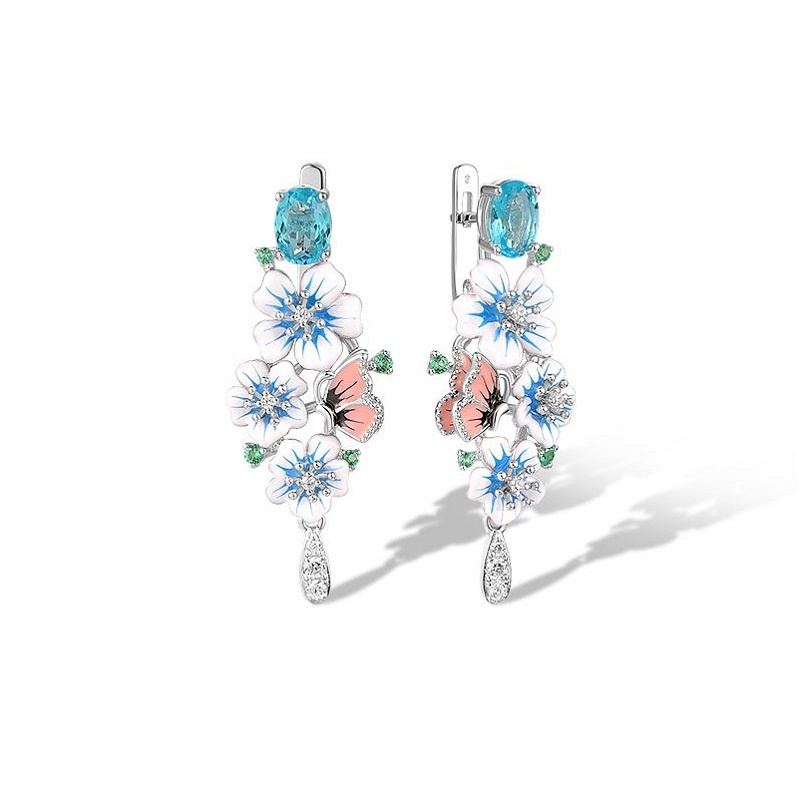 Cercei lungi din argint Lucille, cu flori diafane albastre